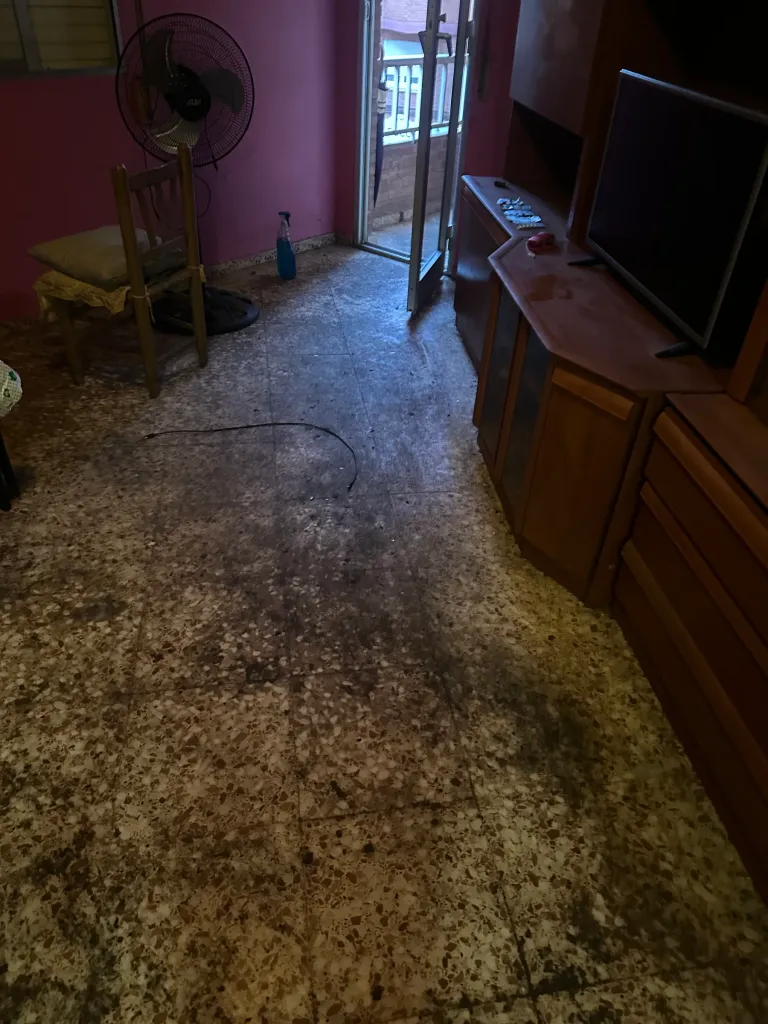 Salón y pasillo de una vivienda con el suelo muy sucio
