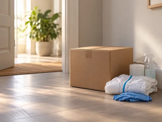 Caja cerrada junto a un mono de protección, guantes y productos de limpieza en el recibidor de una vivienda