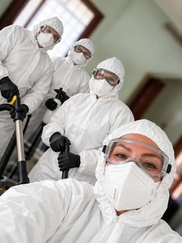 Equipo de Clean Mommy con monos, gafas y mascarillas de protección, preparado para una intervención
